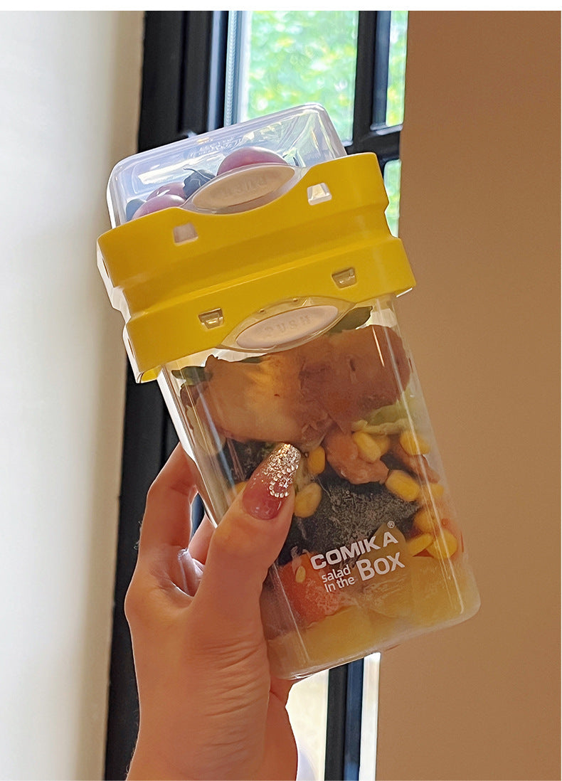 Yellow Portable salad cup with ingredient compartment and fork and spoon - enjoy breakfast on the go V888-ELOSUNG26721