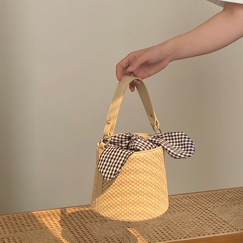 Woven Straw Bucket Bag with Gingham Bow Accent - Mini Top Handle & Crossbody V888-ELOSUNG26735