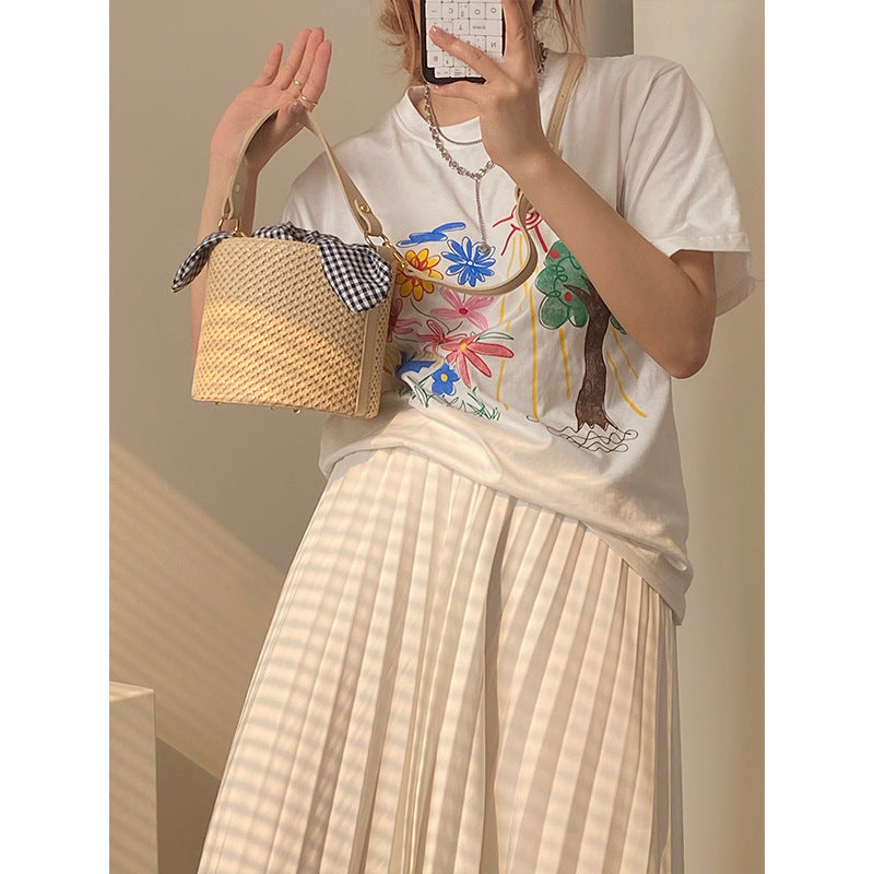 Woven Straw Bucket Bag with Gingham Bow Accent - Mini Top Handle & Crossbody V888-ELOSUNG26735
