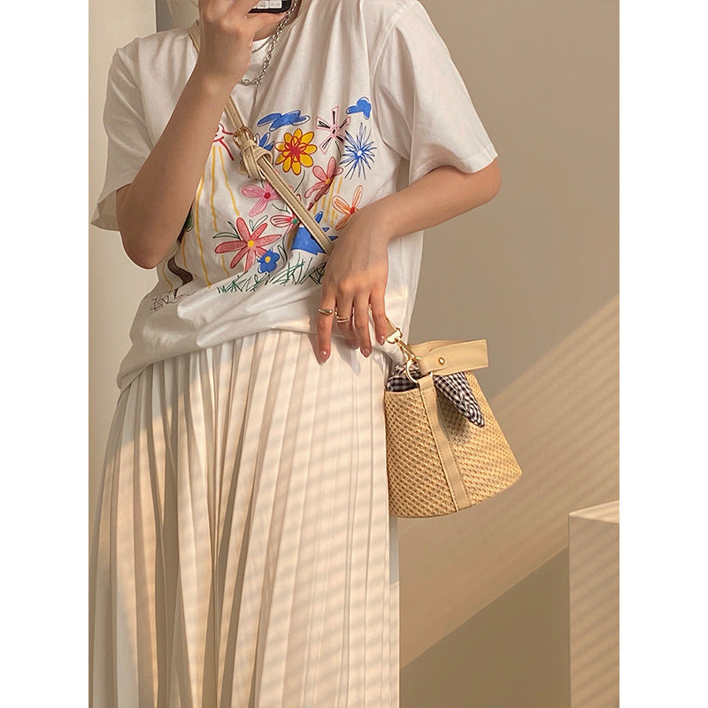 Woven Straw Bucket Bag with Gingham Bow Accent - Mini Top Handle & Crossbody V888-ELOSUNG26735