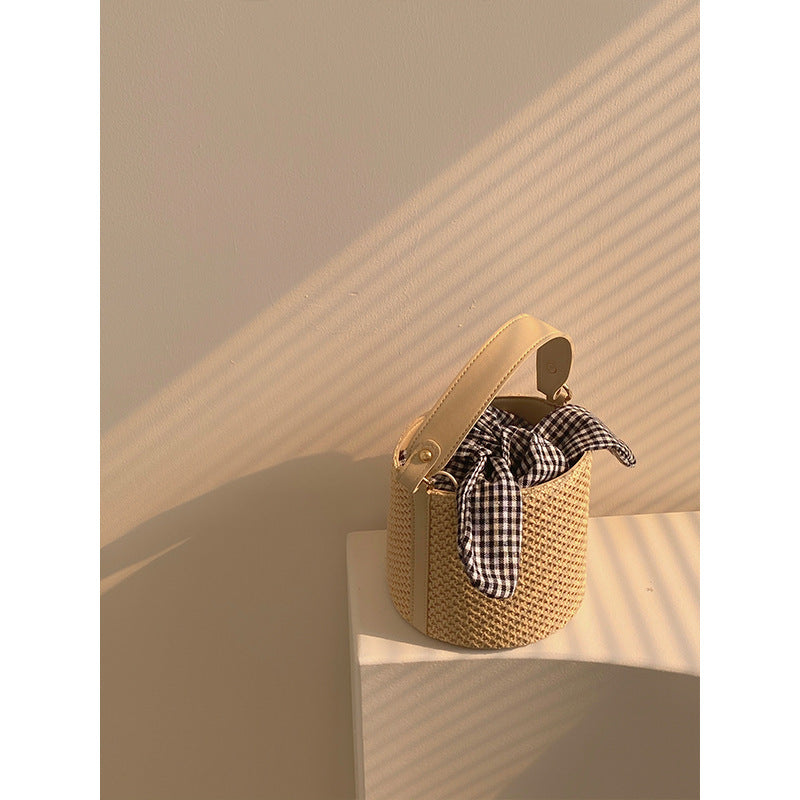 Woven Straw Bucket Bag with Gingham Bow Accent - Mini Top Handle & Crossbody V888-ELOSUNG26735