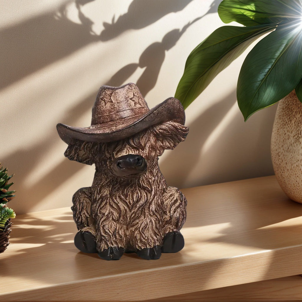 Rustic Highland Cow Statue with Cowboy Hat - Resin Farmhouse Decor V888-ELOSUNG26736