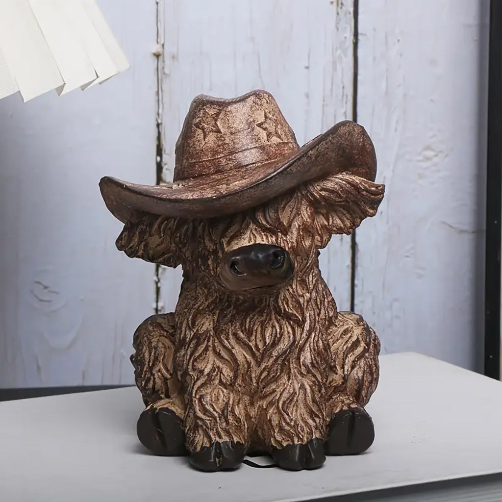 Rustic Highland Cow Statue with Cowboy Hat - Resin Farmhouse Decor V888-ELOSUNG26736