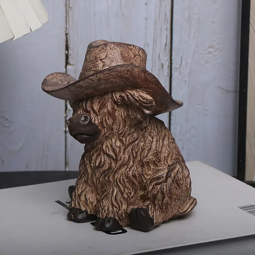 Rustic Highland Cow Statue with Cowboy Hat - Resin Farmhouse Decor V888-ELOSUNG26736