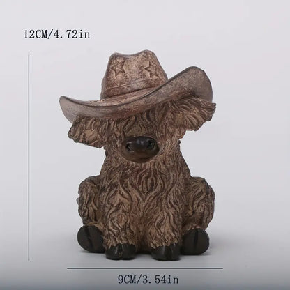 Rustic Highland Cow Statue with Cowboy Hat - Resin Farmhouse Decor V888-ELOSUNG26736
