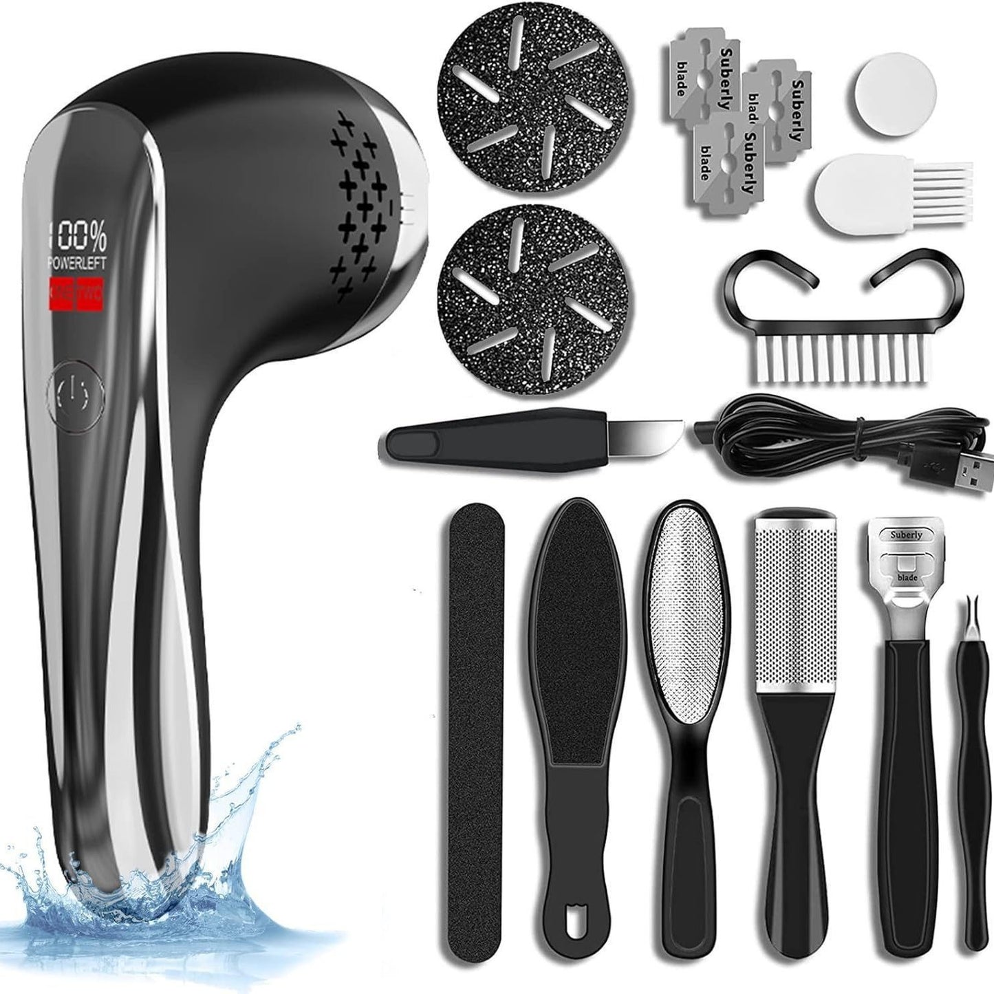 Black Rechargeable Electric Foot Grinder with Suction - Complete 10-Piece Pedicure Kit V888-ELOSUNG26741