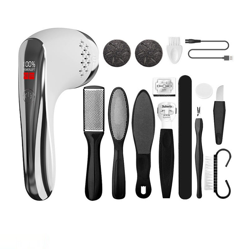 White Rechargeable Electric Foot Grinder with Suction - Complete 10-Piece Pedicure Kit V888-ELOSUNG26742