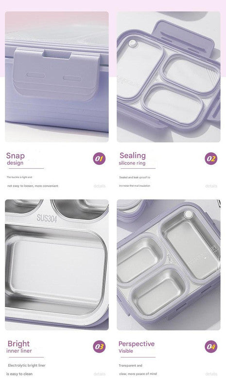 Purple 3-Compartment Stainless Steel Bento Lunch Box - Leak-Proof, for Kids & Adults for School & Office V888-ELOSUNG26744