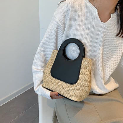 Retro Straw Tote Bag - Woven Handbag with Contrast Panel & Round Handles V888-ELOSUNG26749