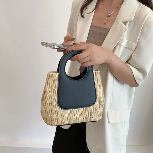 Retro Straw Tote Bag - Woven Handbag with Contrast Panel & Round Handles V888-ELOSUNG26749
