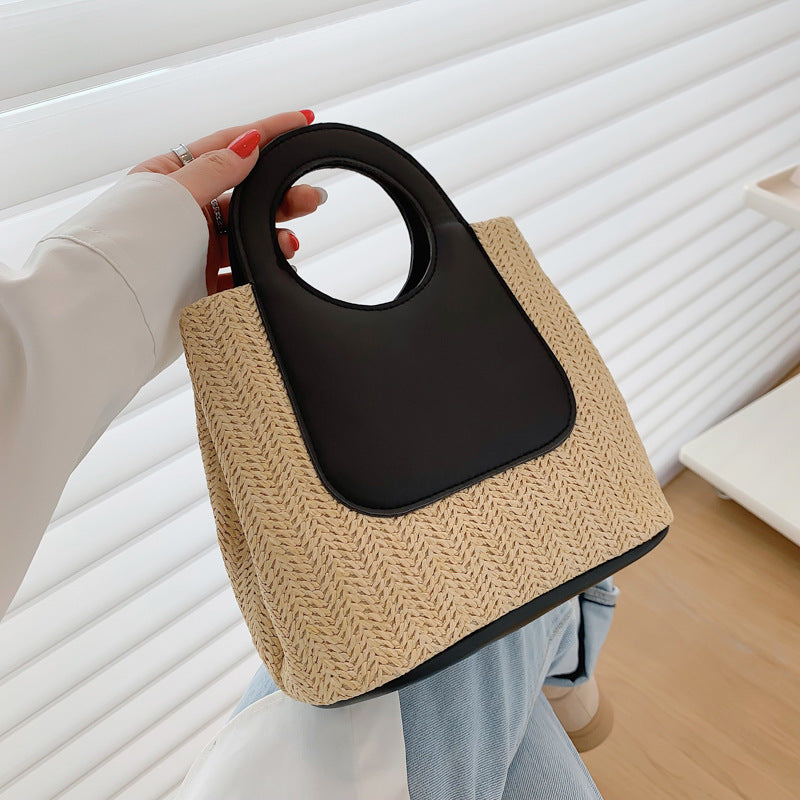 Retro Straw Tote Bag - Woven Handbag with Contrast Panel & Round Handles V888-ELOSUNG26749