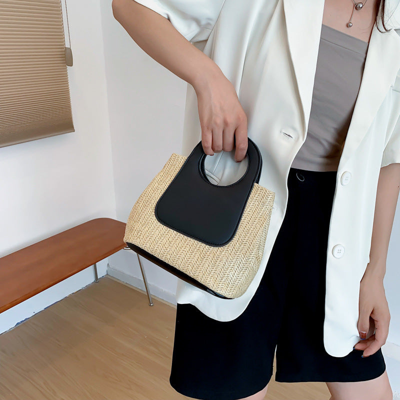 Retro Straw Tote Bag - Woven Handbag with Contrast Panel & Round Handles V888-ELOSUNG26749