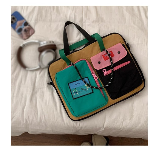 Black Color Block Canvas Laptop Tote Bag - Funky Multi-Pocket Design for Women (37*31*3cm) V888-ELOSUNG26751