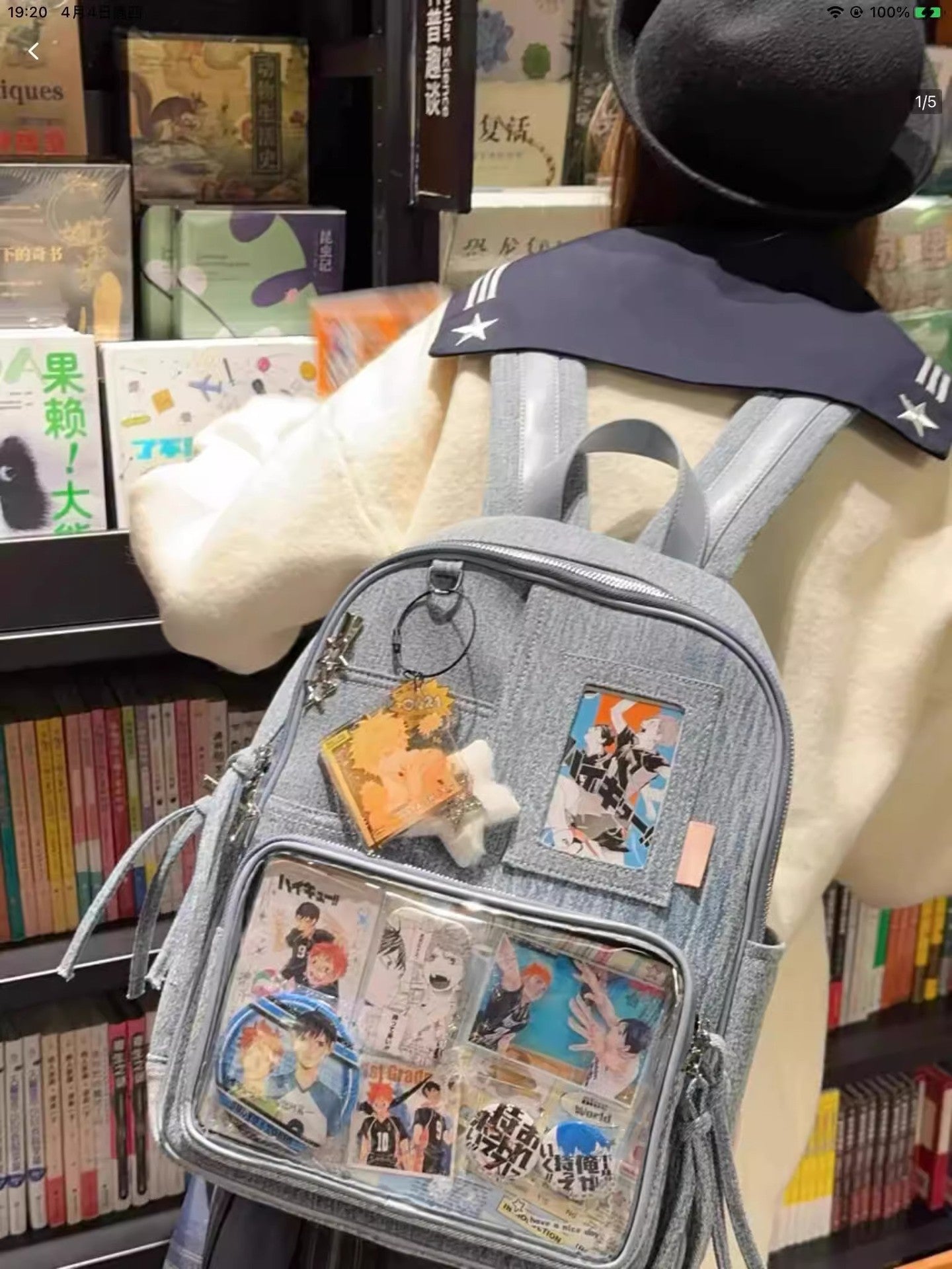 Light blue Large Capacity Anime Denim Bookbag for School Commute Anime Fans V888-ELOSUNG26752