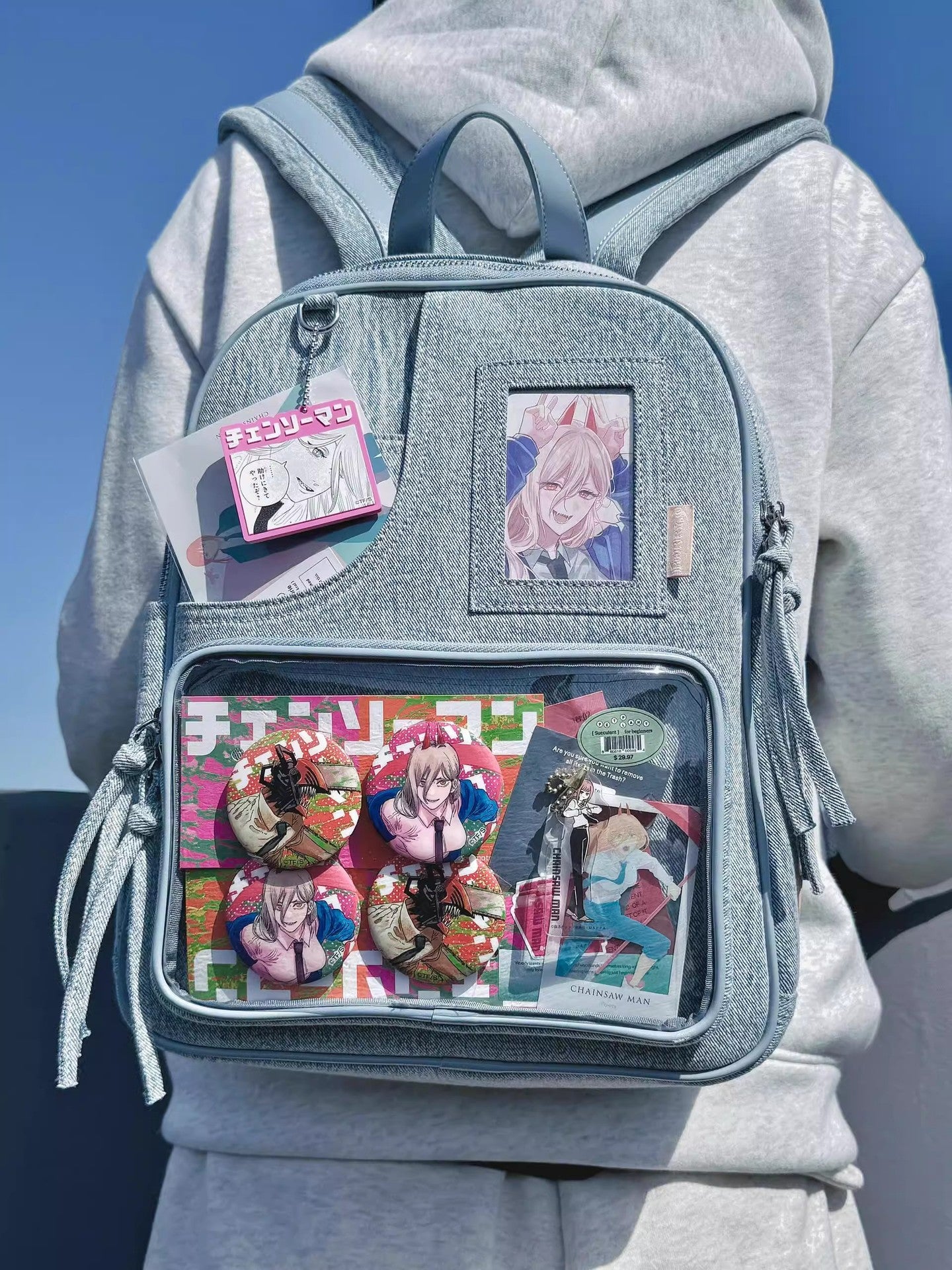 Light blue Large Capacity Anime Denim Bookbag for School Commute Anime Fans V888-ELOSUNG26752