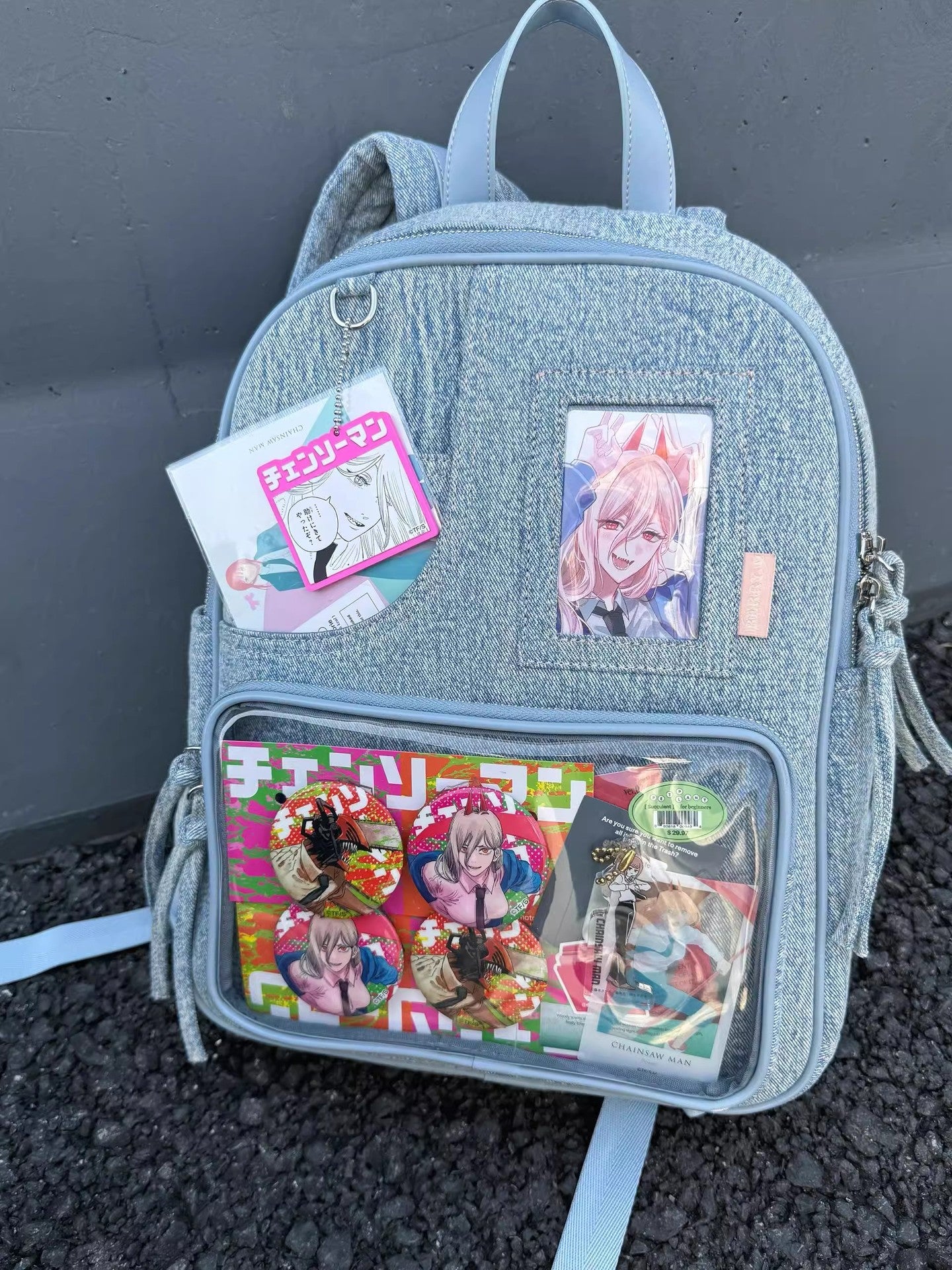 Light blue Large Capacity Anime Denim Bookbag for School Commute Anime Fans V888-ELOSUNG26752