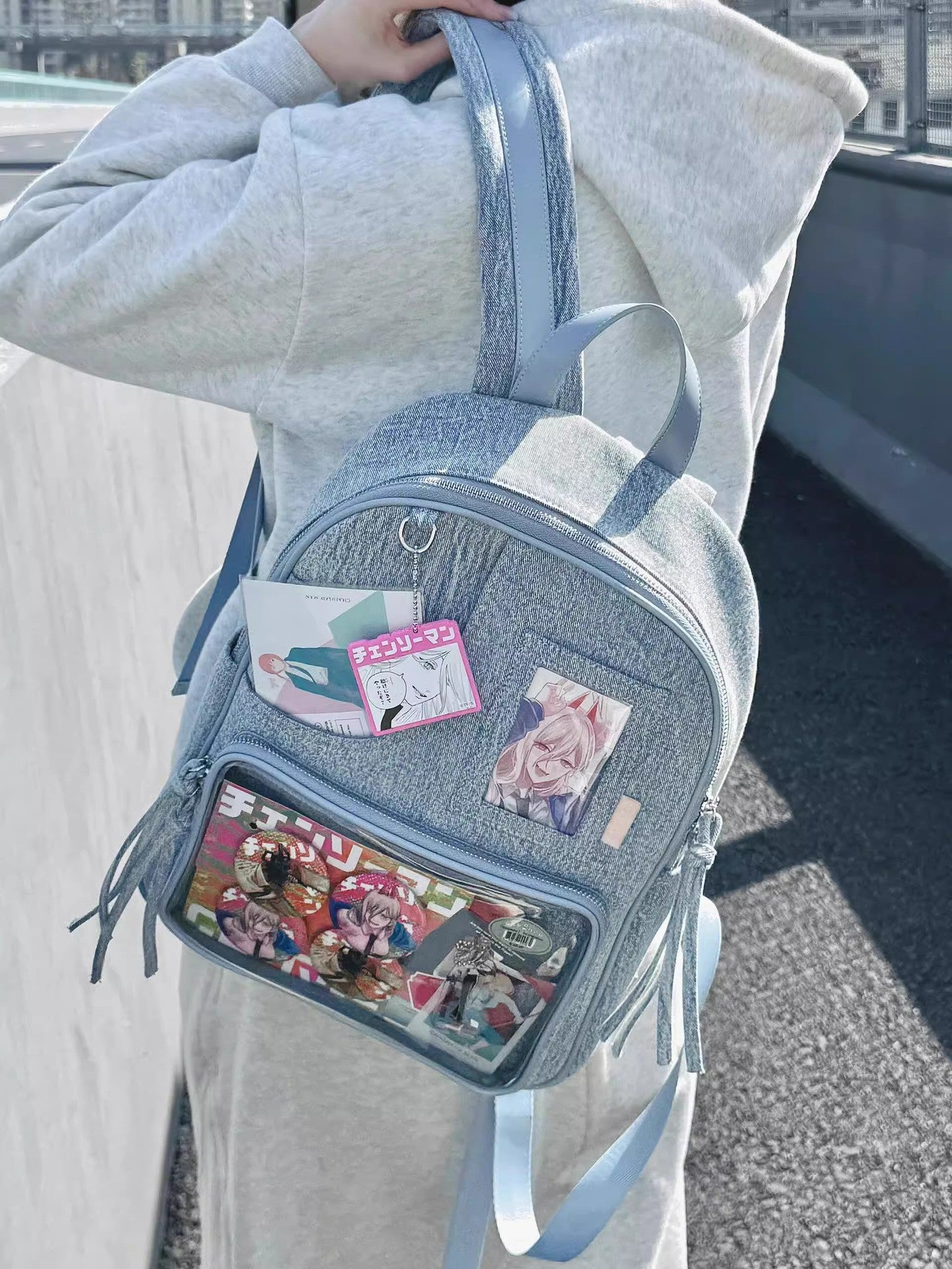 Light blue Large Capacity Anime Denim Bookbag for School Commute Anime Fans V888-ELOSUNG26752