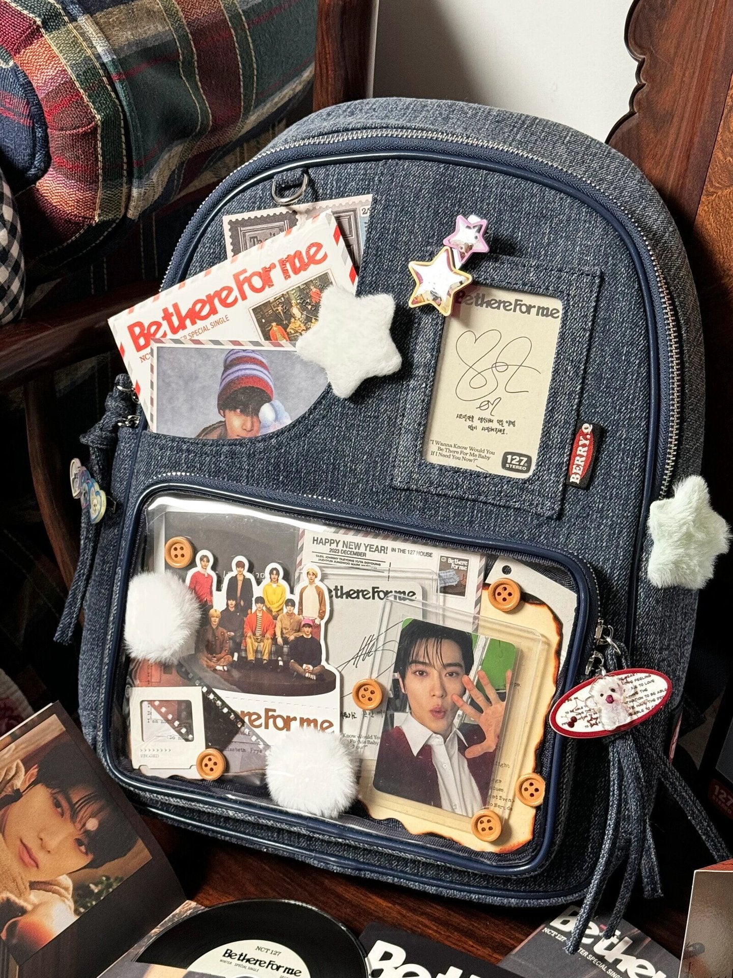 Dark blue Large Capacity Anime Denim Bookbag for School Commute Anime Fans V888-ELOSUNG26753