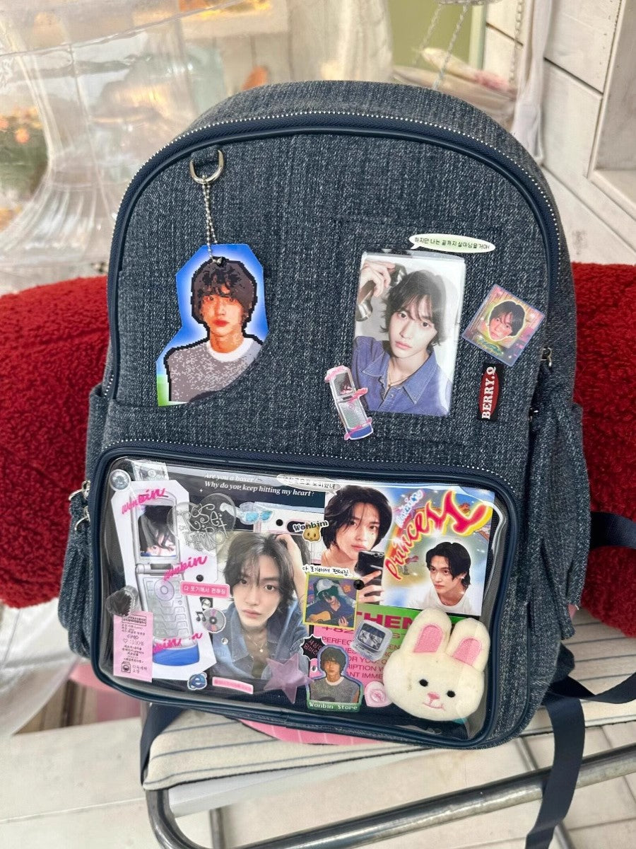 Dark blue Large Capacity Anime Denim Bookbag for School Commute Anime Fans V888-ELOSUNG26753
