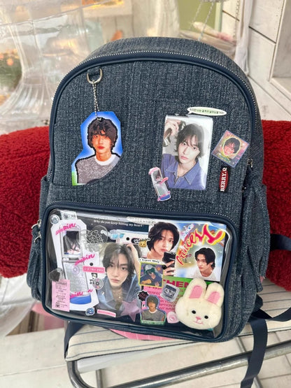Dark blue Large Capacity Anime Denim Bookbag for School Commute Anime Fans V888-ELOSUNG26753