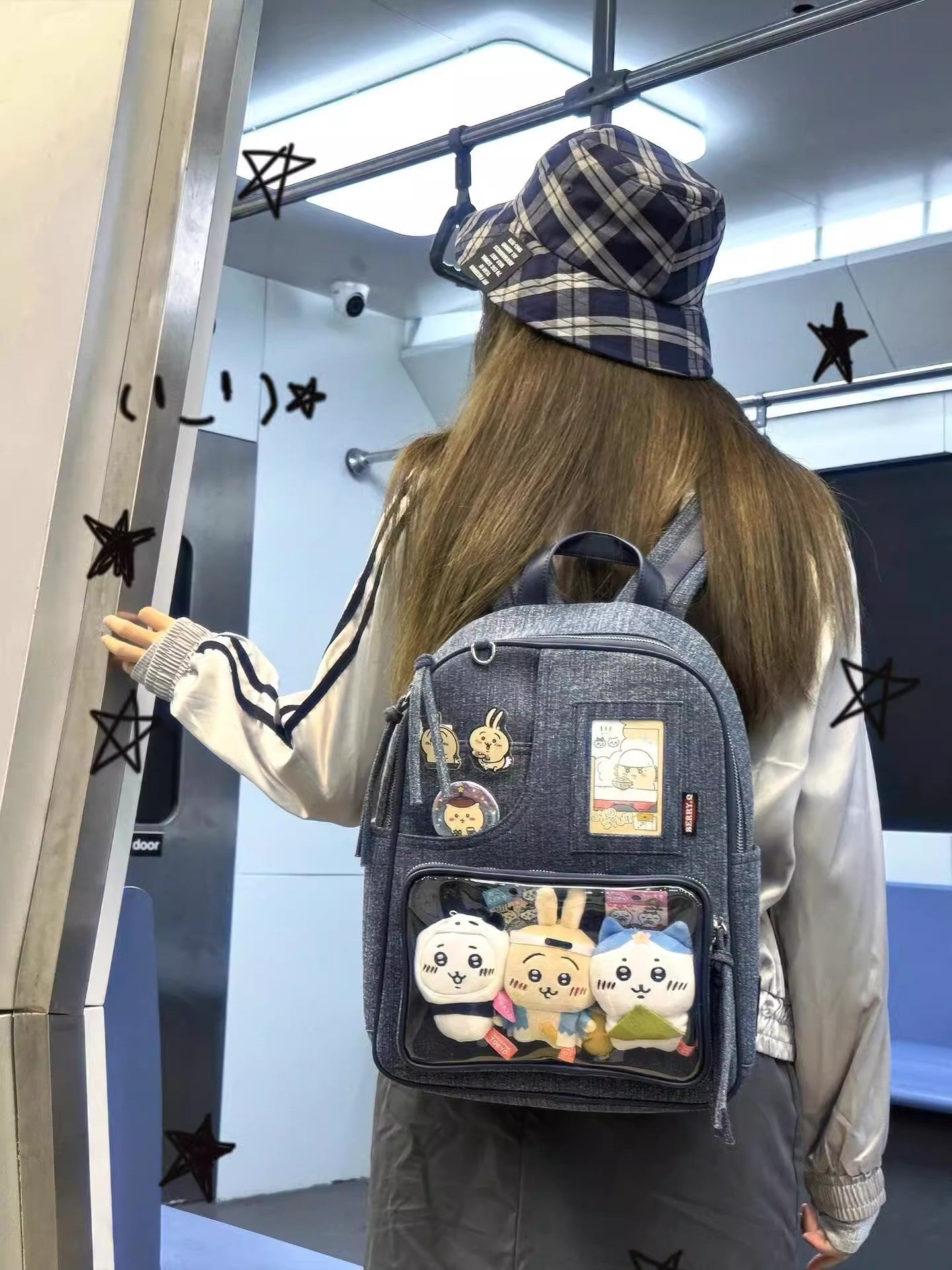 Dark blue Large Capacity Anime Denim Bookbag for School Commute Anime Fans V888-ELOSUNG26753