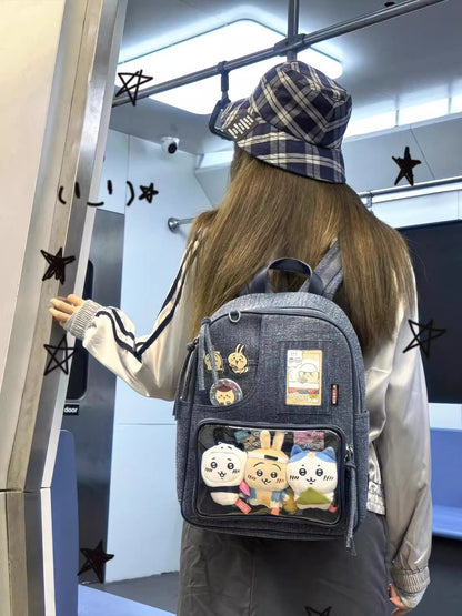 Dark blue Large Capacity Anime Denim Bookbag for School Commute Anime Fans V888-ELOSUNG26753