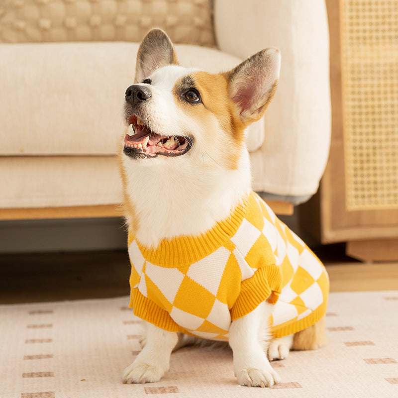 Classic Argyle Dog Sweater - Yellow & White Knit for Corgis & Medium Breeds (Size : S) V888-ELOSUNG26798