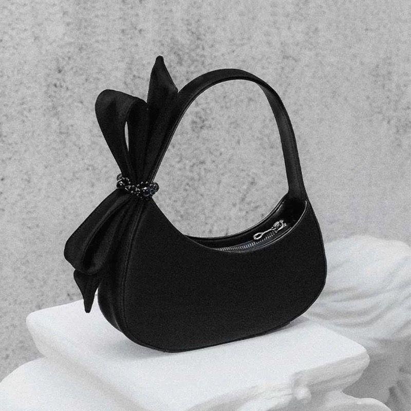 Chic Black Crescent Bag with Statement Bow - PU Leather Shoulder Purse V888-ELOSUNG26824