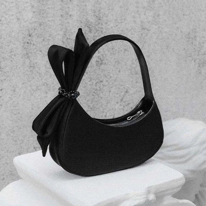 Chic Black Crescent Bag with Statement Bow - PU Leather Shoulder Purse V888-ELOSUNG26824