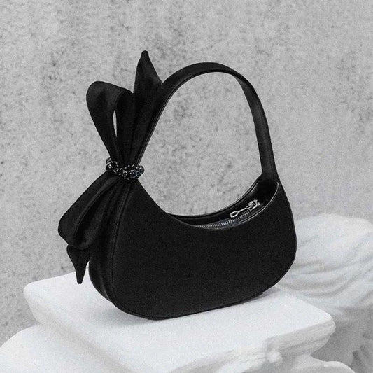 Chic Black Crescent Bag with Statement Bow - PU Leather Shoulder Purse V888-ELOSUNG26824