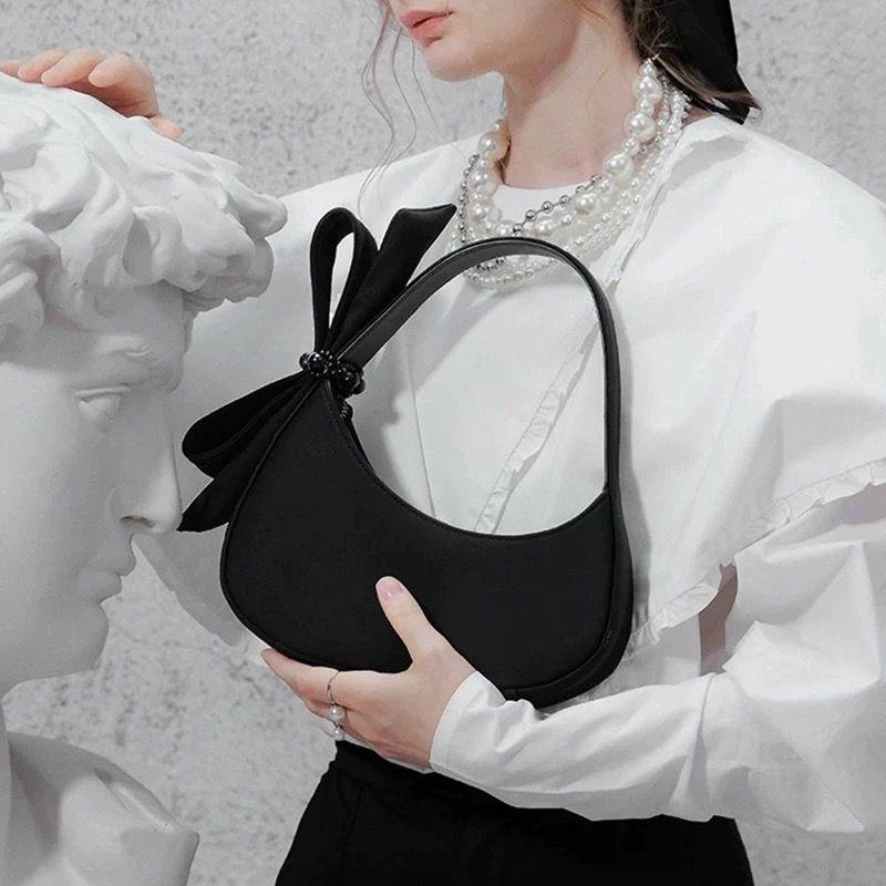 Chic Black Crescent Bag with Statement Bow - PU Leather Shoulder Purse V888-ELOSUNG26824