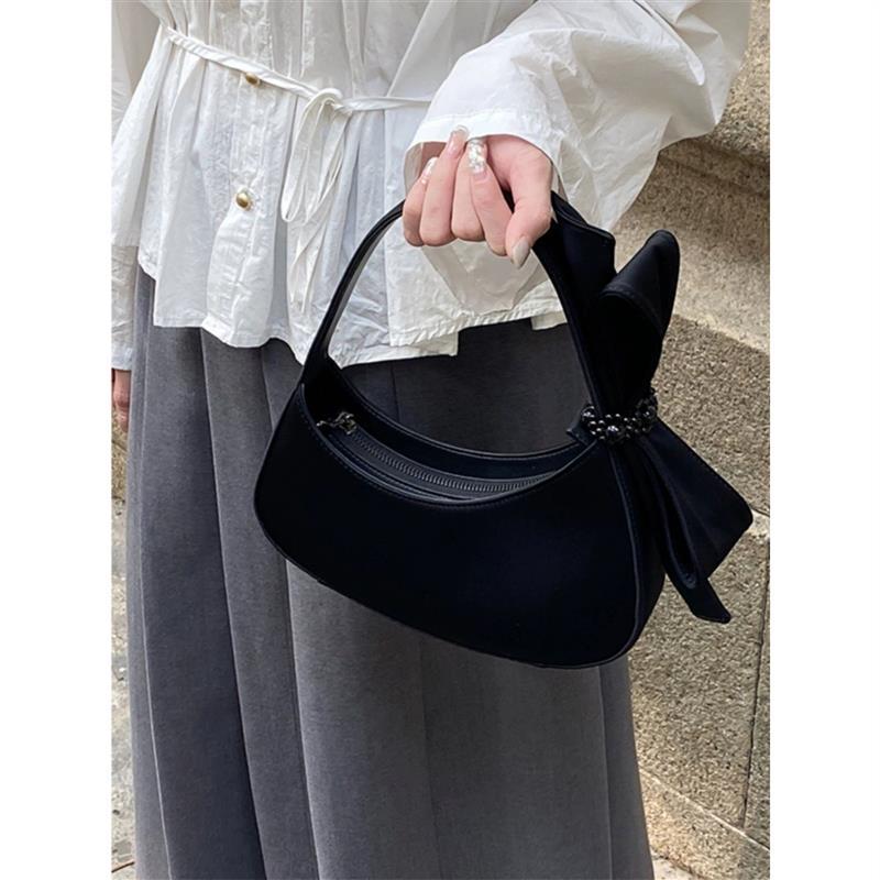Chic Black Crescent Bag with Statement Bow - PU Leather Shoulder Purse V888-ELOSUNG26824