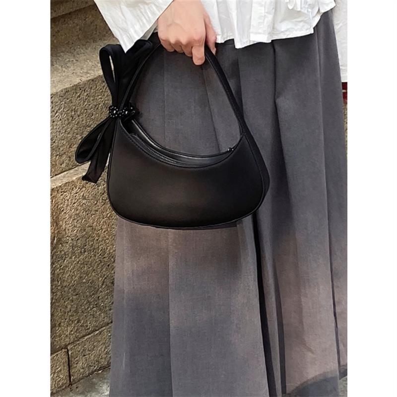 Chic Black Crescent Bag with Statement Bow - PU Leather Shoulder Purse V888-ELOSUNG26824