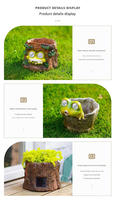 Frog Solar Light Planter - Resin Succulent Pot with Glowing Eyes (Stump frog) V888-ELOSUNG26857