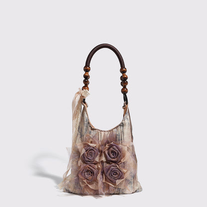 Vintage Rose Floral Shoulder Bag - 3D Fabric Flowers, Wooden Bead Handle Tote V888-ELOSUNG26914