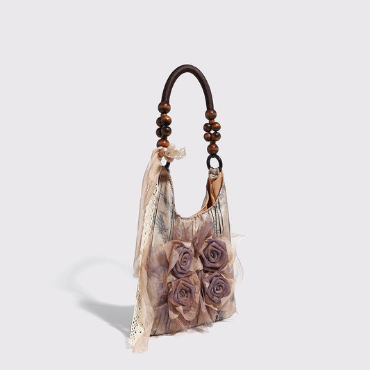 Vintage Rose Floral Shoulder Bag - 3D Fabric Flowers, Wooden Bead Handle Tote V888-ELOSUNG26914