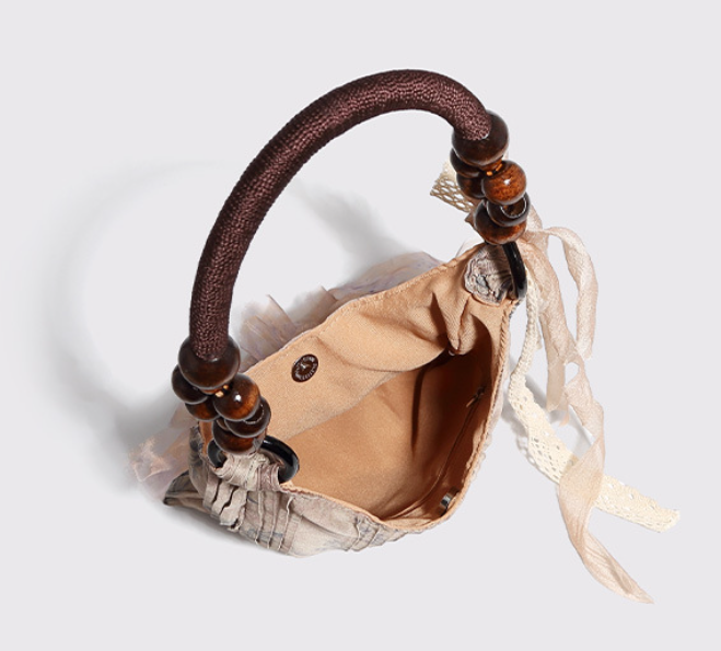 Vintage Rose Floral Shoulder Bag - 3D Fabric Flowers, Wooden Bead Handle Tote V888-ELOSUNG26914
