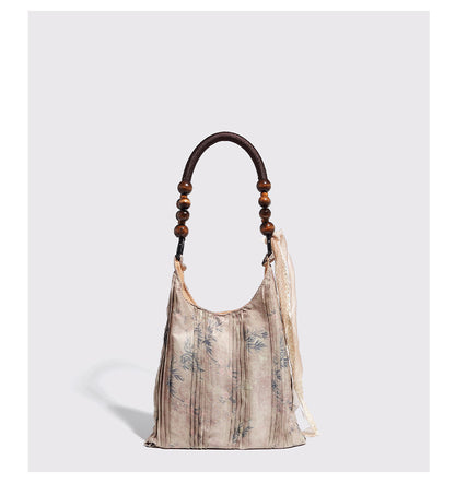 Vintage Rose Floral Shoulder Bag - 3D Fabric Flowers, Wooden Bead Handle Tote V888-ELOSUNG26914
