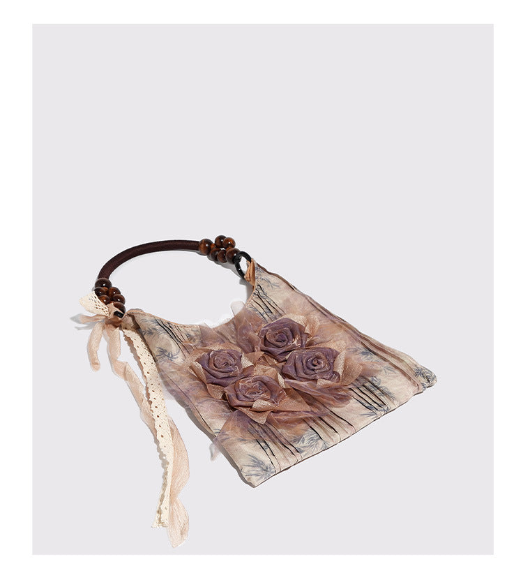 Vintage Rose Floral Shoulder Bag - 3D Fabric Flowers, Wooden Bead Handle Tote V888-ELOSUNG26914