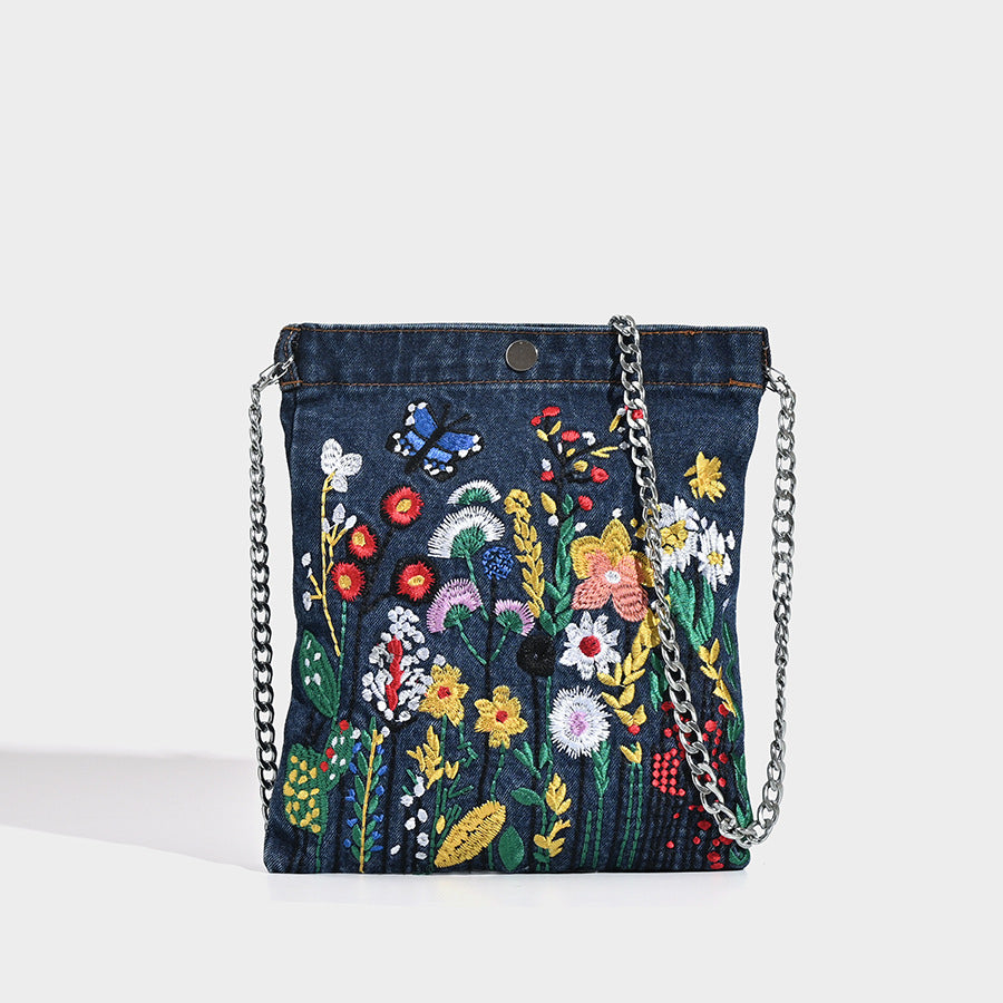 Embroidered Floral Denim Crossbody Bag - Butterfly & Wildflower Design, Chain Strap V888-ELOSUNG26915
