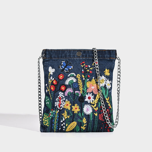Embroidered Floral Denim Crossbody Bag - Butterfly & Wildflower Design, Chain Strap V888-ELOSUNG26915