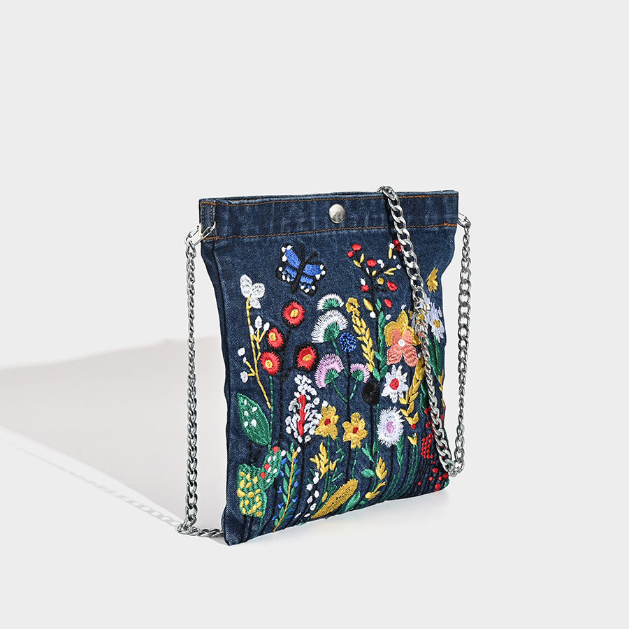 Embroidered Floral Denim Crossbody Bag - Butterfly & Wildflower Design, Chain Strap V888-ELOSUNG26915