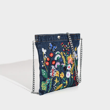 Embroidered Floral Denim Crossbody Bag - Butterfly & Wildflower Design, Chain Strap V888-ELOSUNG26915