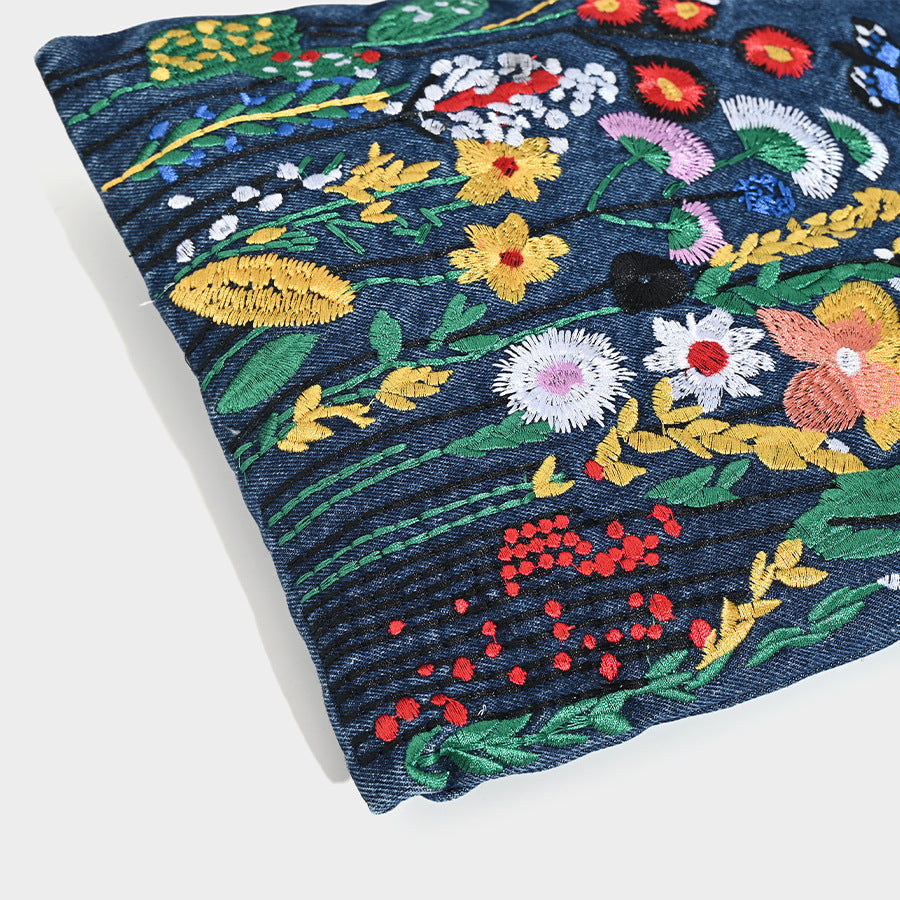 Embroidered Floral Denim Crossbody Bag - Butterfly & Wildflower Design, Chain Strap V888-ELOSUNG26915