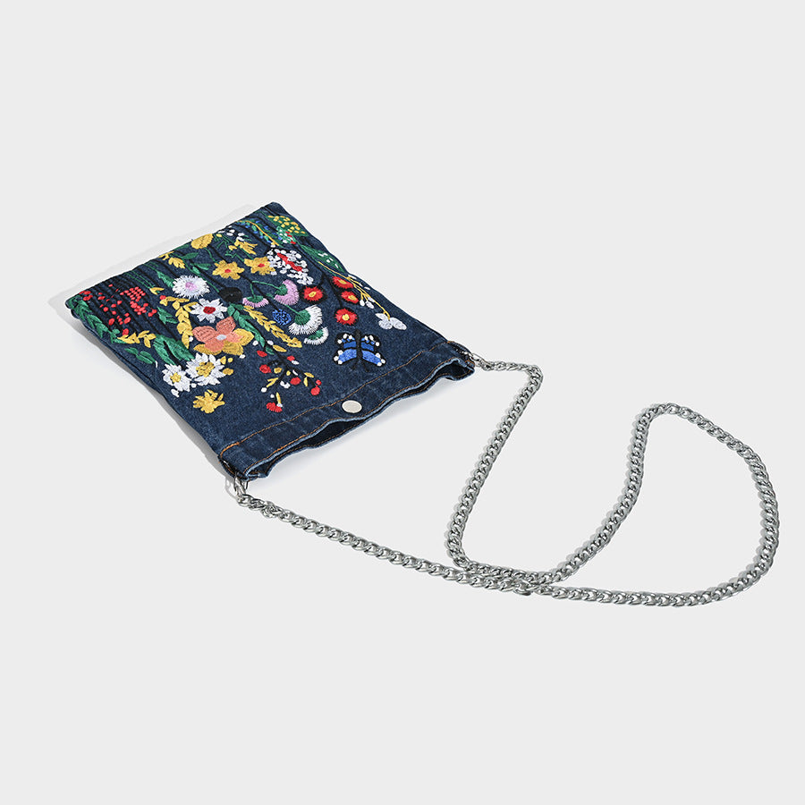 Embroidered Floral Denim Crossbody Bag - Butterfly & Wildflower Design, Chain Strap V888-ELOSUNG26915