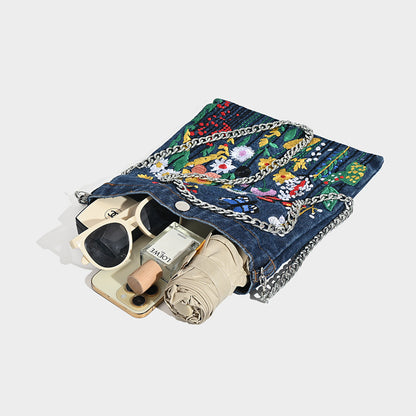Embroidered Floral Denim Crossbody Bag - Butterfly & Wildflower Design, Chain Strap V888-ELOSUNG26915