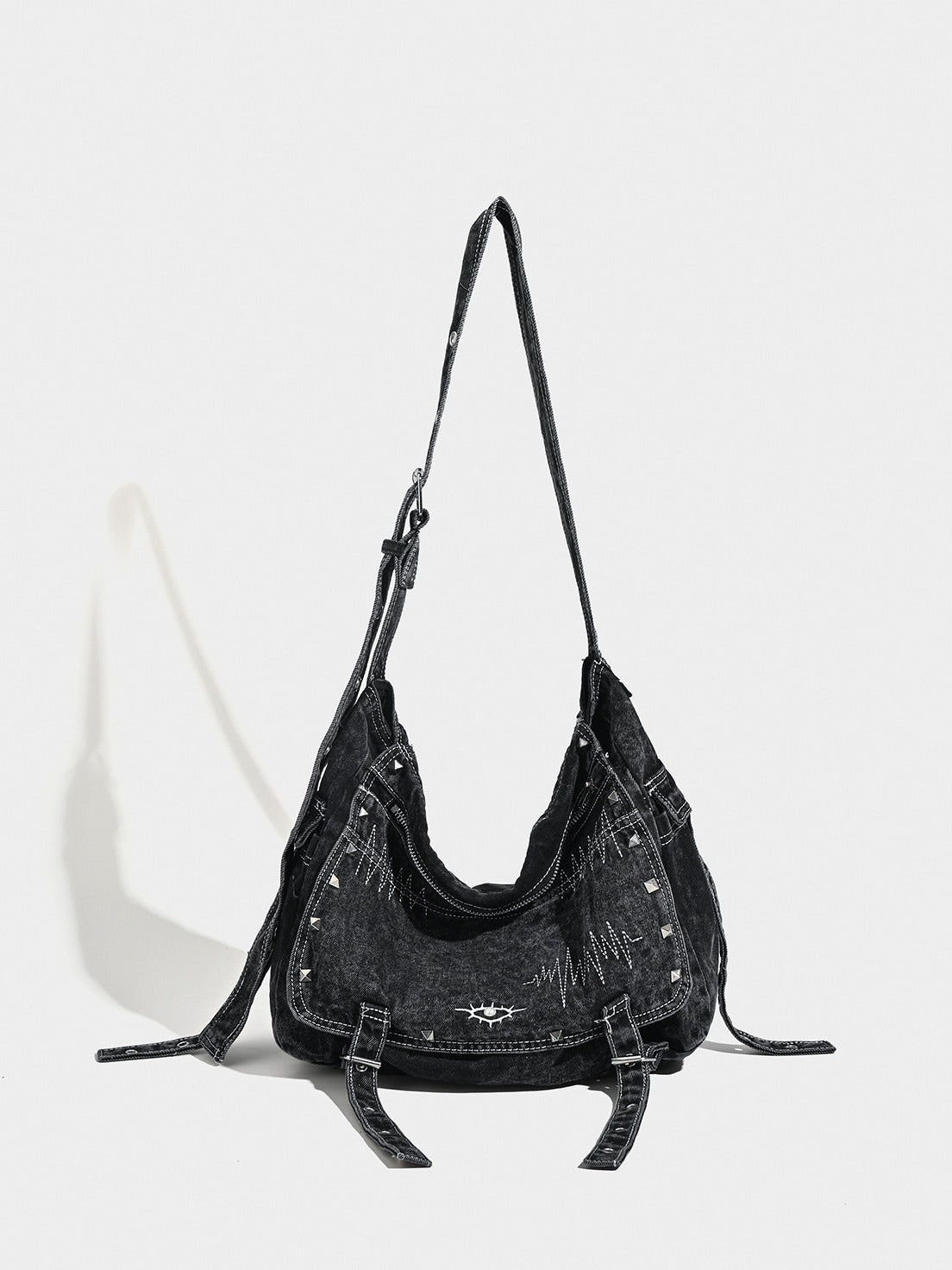 Distressed Black Denim Messenger Bag - Rivet Detail, Adjustable Strap, Large Streetwear Tote V888-ELOSUNG26916