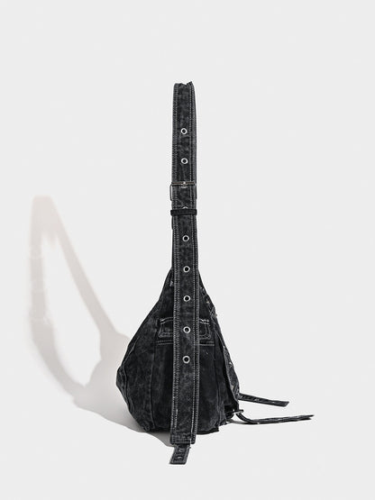 Distressed Black Denim Messenger Bag - Rivet Detail, Adjustable Strap, Large Streetwear Tote V888-ELOSUNG26916
