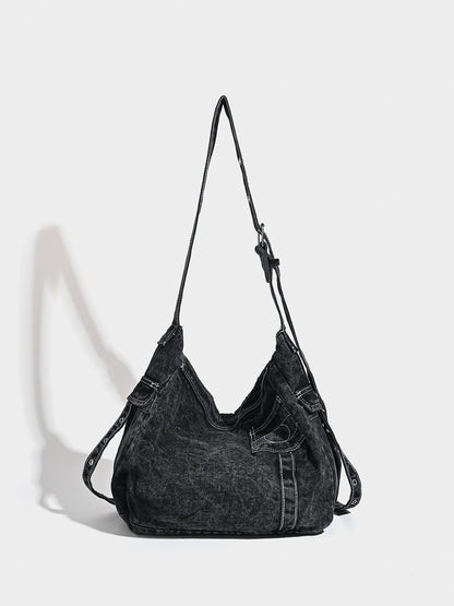 Distressed Black Denim Messenger Bag - Rivet Detail, Adjustable Strap, Large Streetwear Tote V888-ELOSUNG26916