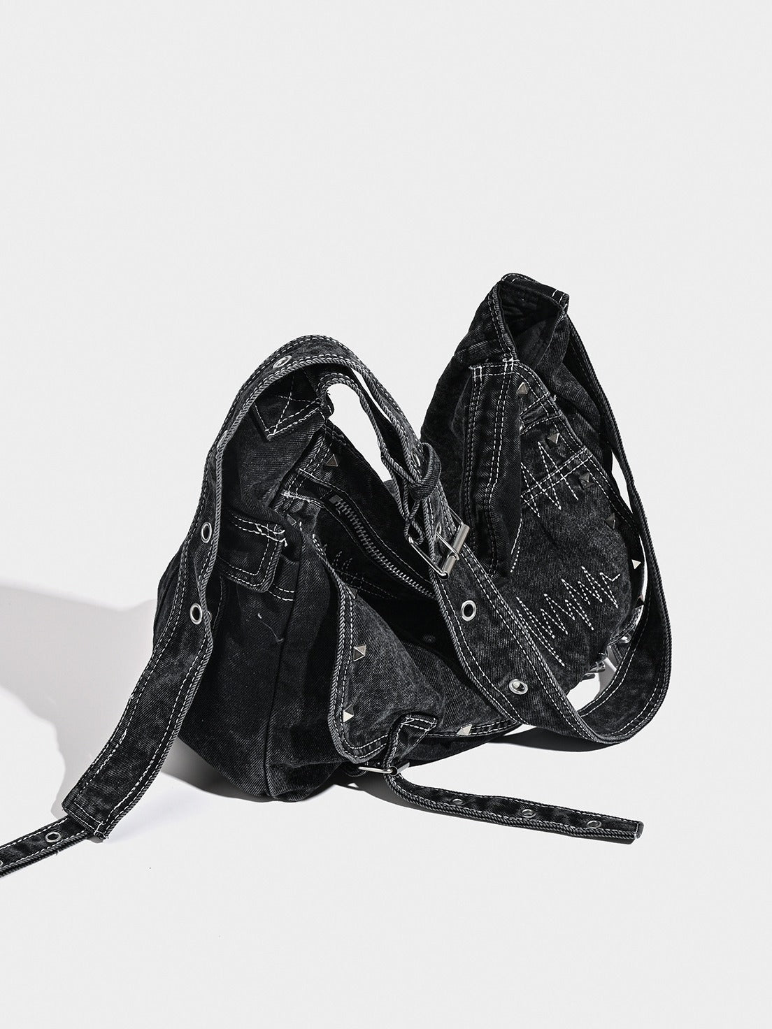 Distressed Black Denim Messenger Bag - Rivet Detail, Adjustable Strap, Large Streetwear Tote V888-ELOSUNG26916